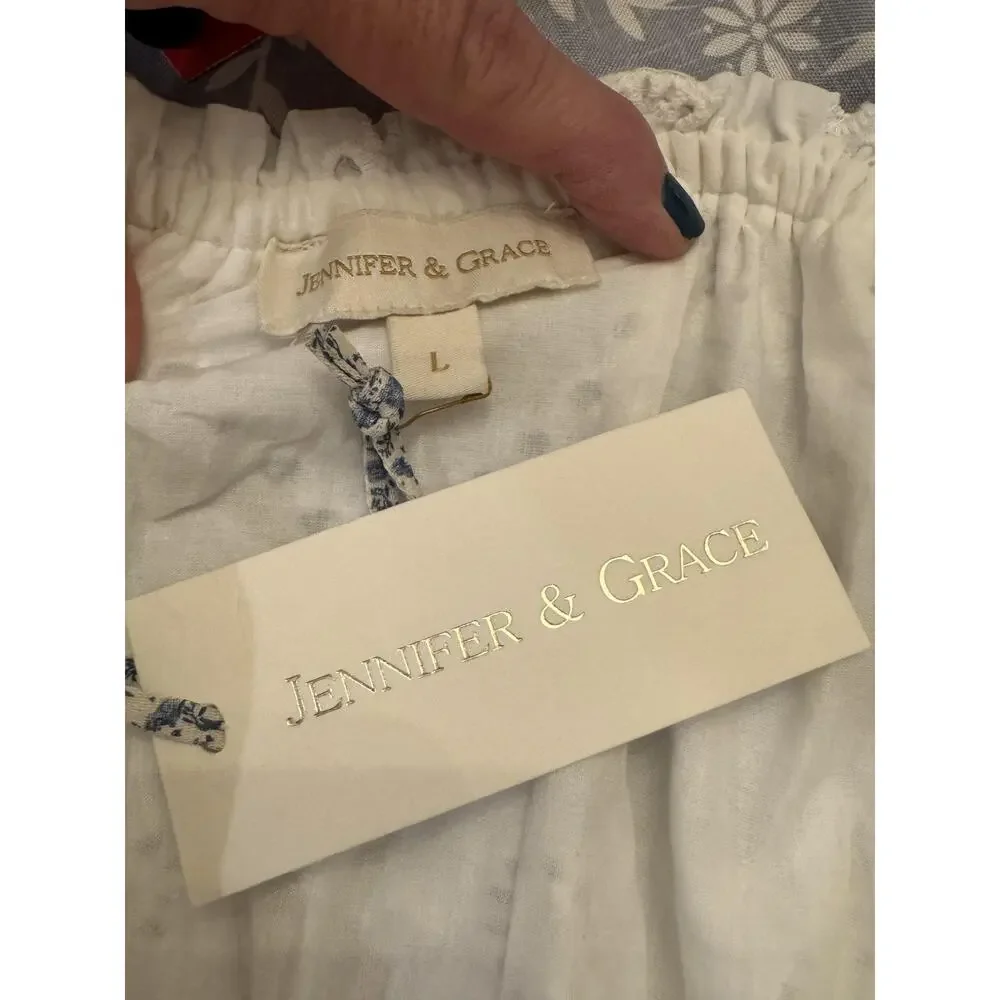 Jennifer & Grace Blouse Sz L White Eyelet Cropped Puff Sleeve Top Coquette - Picture 7 of 8